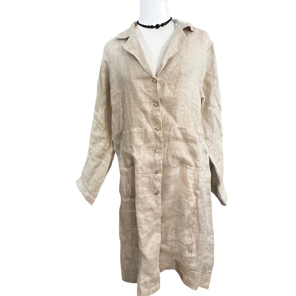 Johnny Was Linen Button Down Duster Coat Womens Small Tan Long Sleeve Coastal